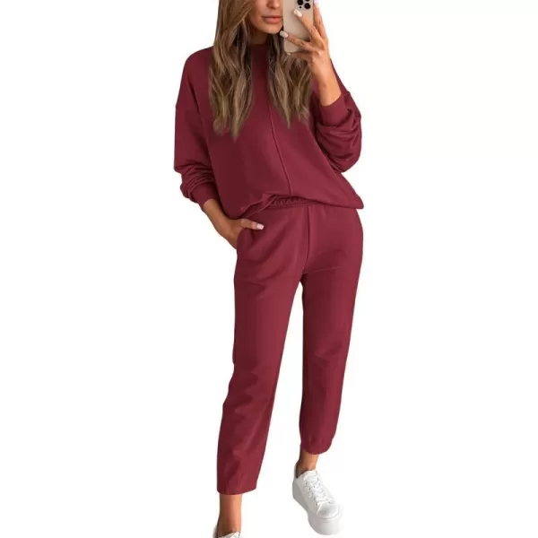 imageBTFBM 2023 Women 2 Piece Outfits Long Sleeve Pullover Jogger Pants Lounge Sets Thick Fall Winter Sweatsuits TracksuitSolid Wine Red