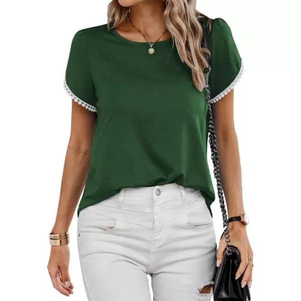 imageBTFBM 2023 Women Casual TShirts Crewneck Lace Crochet Short Sleeve Blouse Curved Hem Solid Color Loose Tunic Summer TopsSolid Dark Green