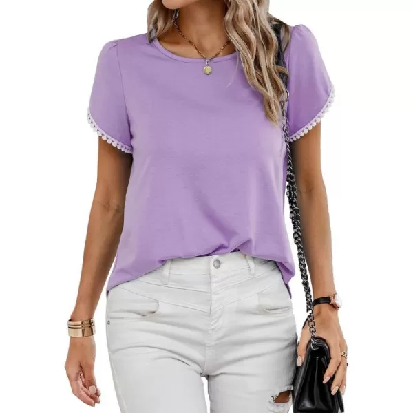imageBTFBM 2023 Women Casual TShirts Crewneck Lace Crochet Short Sleeve Blouse Curved Hem Solid Color Loose Tunic Summer TopsSolid Light Purple