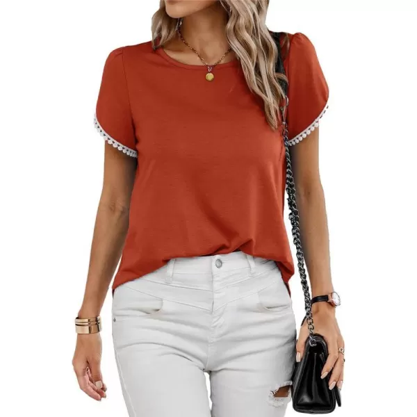imageBTFBM 2023 Women Casual TShirts Crewneck Lace Crochet Short Sleeve Blouse Curved Hem Solid Color Loose Tunic Summer TopsSolid Orange Red