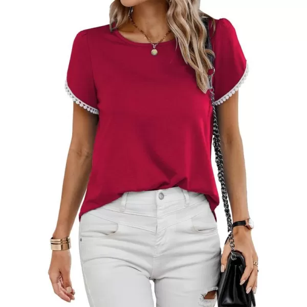 imageBTFBM 2023 Women Casual TShirts Crewneck Lace Crochet Short Sleeve Blouse Curved Hem Solid Color Loose Tunic Summer TopsSolid Red