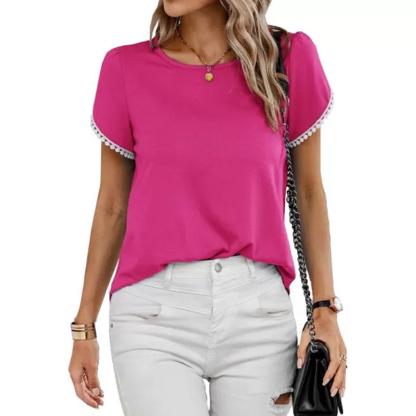 imageBTFBM 2023 Women Casual TShirts Crewneck Lace Crochet Short Sleeve Blouse Curved Hem Solid Color Loose Tunic Summer TopsSolid Rose Red