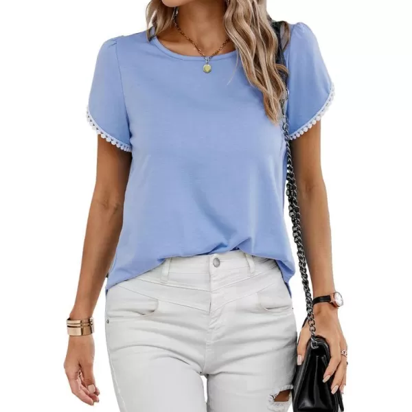 imageBTFBM 2023 Women Casual TShirts Crewneck Lace Crochet Short Sleeve Blouse Curved Hem Solid Color Loose Tunic Summer TopsSolid Sky Blue