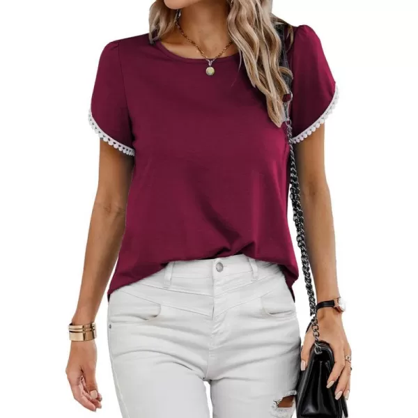 imageBTFBM 2023 Women Casual TShirts Crewneck Lace Crochet Short Sleeve Blouse Curved Hem Solid Color Loose Tunic Summer TopsSolid Wine Red