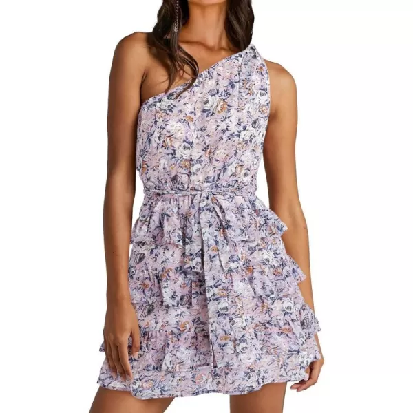 imageBTFBM 2023 Women One Shoulder Casual Summer Dresses Floral Boho High Waist Beach Ruffle Tiered A Line Flowy Mini DressFloral Purple