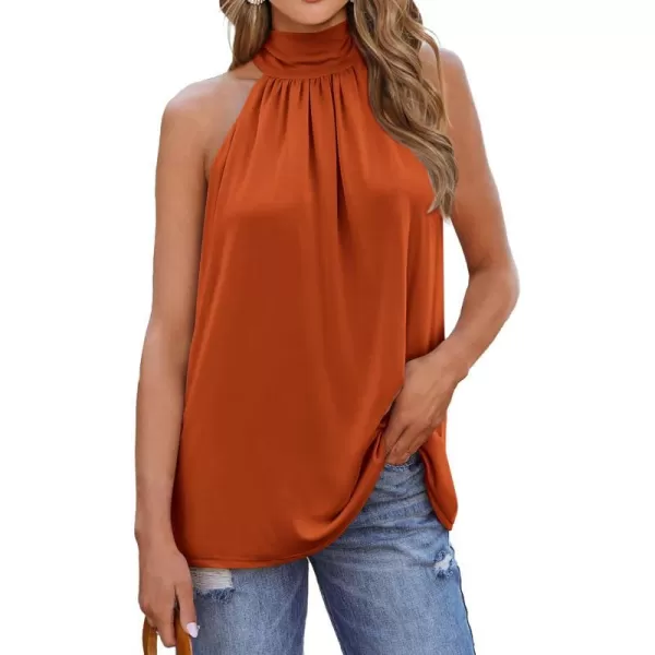 imageBTFBM 2023 Women Summer Sleeveless Tie Mock Neck Halter Tops Casual Bow Loose Tank Top Lightweight Dressy Blouse ShirtsSolid Orange