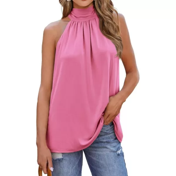 imageBTFBM 2023 Women Summer Sleeveless Tie Mock Neck Halter Tops Casual Bow Loose Tank Top Lightweight Dressy Blouse ShirtsSolid Pink