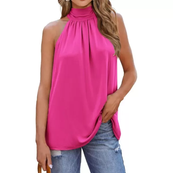 imageBTFBM 2023 Women Summer Sleeveless Tie Mock Neck Halter Tops Casual Bow Loose Tank Top Lightweight Dressy Blouse ShirtsSolid Rose Pink