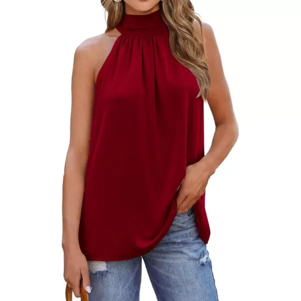 imageBTFBM 2023 Women Summer Sleeveless Tie Mock Neck Halter Tops Casual Bow Loose Tank Top Lightweight Dressy Blouse ShirtsSolid Wine Red