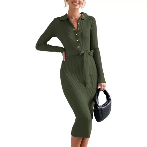imageBTFBM 2023 Women V Neck Long Sleeve Bodycon Sweater Dress Button Up Tie Waist Ribbed Knit Midi Pencil Dresses with BeltSolid Army Green