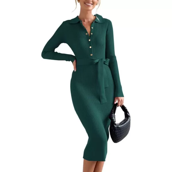 imageBTFBM 2023 Women V Neck Long Sleeve Bodycon Sweater Dress Button Up Tie Waist Ribbed Knit Midi Pencil Dresses with BeltSolid Green