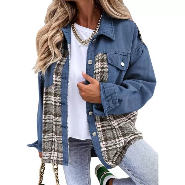 imageBTFBM 2023 Womens Button Down Denim Jackets Long Sleeve Lapel Casual Fall Shirts Shackets Plaid Jacket With PocketsDenim Dark Blue