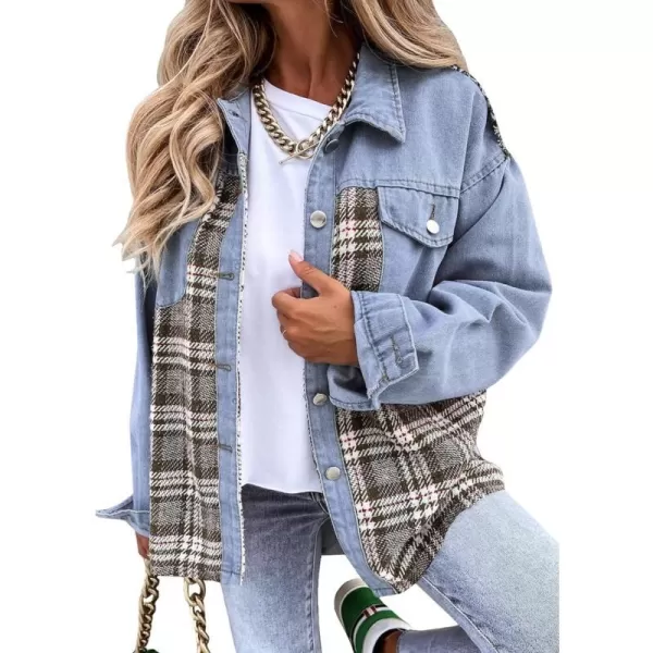 imageBTFBM 2023 Womens Button Down Denim Jackets Long Sleeve Lapel Casual Fall Shirts Shackets Plaid Jacket With PocketsDenim Light Blue
