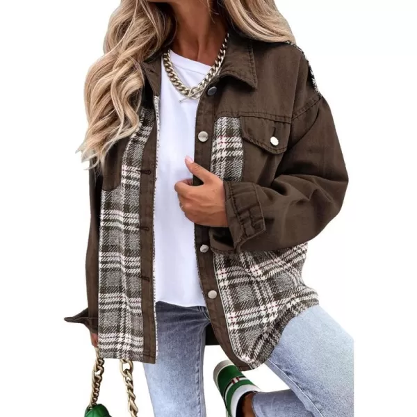 imageBTFBM 2023 Womens Button Down Denim Jackets Long Sleeve Lapel Casual Fall Shirts Shackets Plaid Jacket With PocketsPlaid Brown