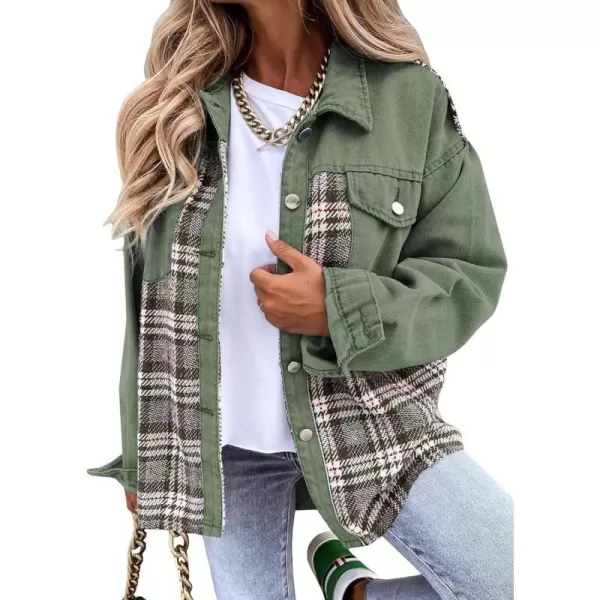 imageBTFBM 2023 Womens Button Down Denim Jackets Long Sleeve Lapel Casual Fall Shirts Shackets Plaid Jacket With PocketsPlaid Green