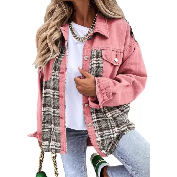imageBTFBM 2023 Womens Button Down Denim Jackets Long Sleeve Lapel Casual Fall Shirts Shackets Plaid Jacket With PocketsPlaid Pink