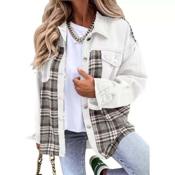 imageBTFBM 2023 Womens Button Down Denim Jackets Long Sleeve Lapel Casual Fall Shirts Shackets Plaid Jacket With PocketsPlaid White