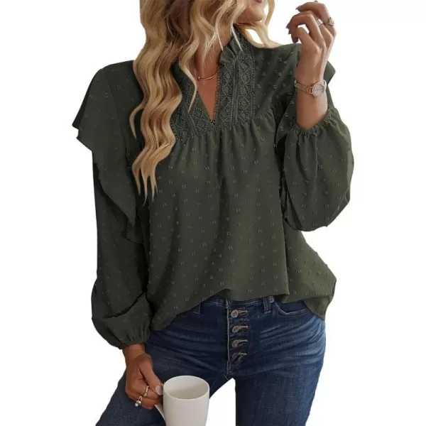 imageBTFBM 2023 Womens Casual Long Sleeve Blouse Ruffle Trim V Neck Lace Loose Swiss Dot Babydoll Flowy Shirts Tunic TopsSwiss Dot Army Green