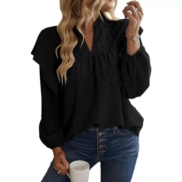imageBTFBM 2023 Womens Casual Long Sleeve Blouse Ruffle Trim V Neck Lace Loose Swiss Dot Babydoll Flowy Shirts Tunic TopsSwiss Dot Black