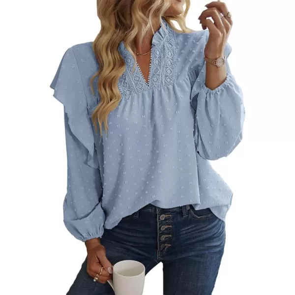 imageBTFBM 2023 Womens Casual Long Sleeve Blouse Ruffle Trim V Neck Lace Loose Swiss Dot Babydoll Flowy Shirts Tunic TopsSwiss Dot Blue