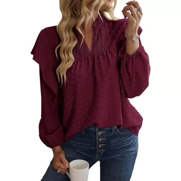 imageBTFBM 2023 Womens Casual Long Sleeve Blouse Ruffle Trim V Neck Lace Loose Swiss Dot Babydoll Flowy Shirts Tunic TopsSwiss Dot Wine Red
