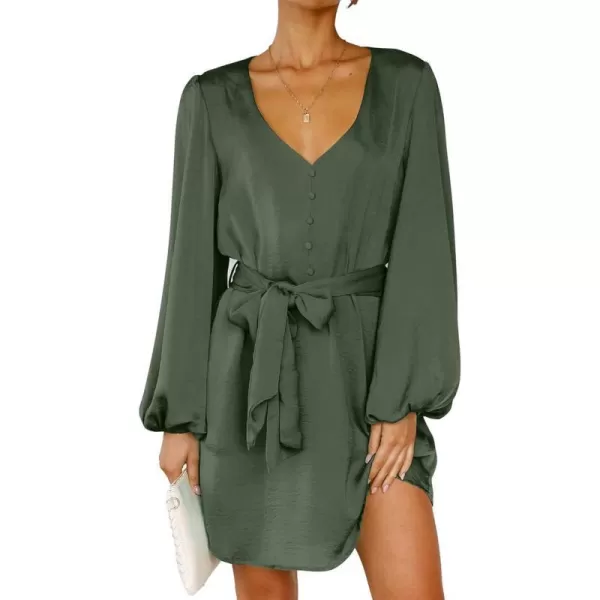 imageBTFBM 2023 Womens Long Puff Sleeve Satin Dress Casual V Neck Belted Short Spring Summer Party Cocktail Mini DressesSolid Army Green