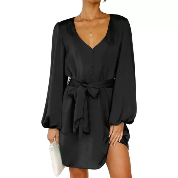 imageBTFBM 2023 Womens Long Puff Sleeve Satin Dress Casual V Neck Belted Short Spring Summer Party Cocktail Mini DressesSolid Black