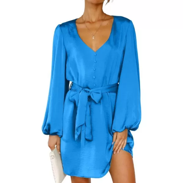 imageBTFBM 2023 Womens Long Puff Sleeve Satin Dress Casual V Neck Belted Short Spring Summer Party Cocktail Mini DressesSolid Blue