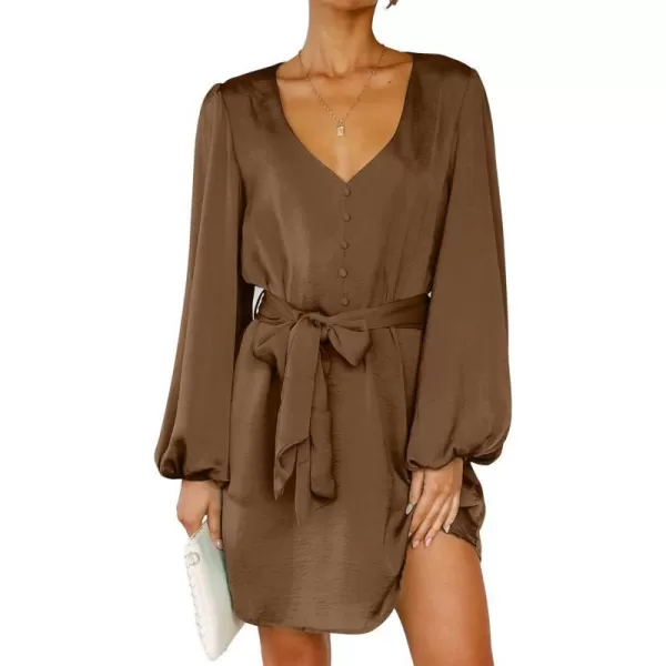 imageBTFBM 2023 Womens Long Puff Sleeve Satin Dress Casual V Neck Belted Short Spring Summer Party Cocktail Mini DressesSolid Brown