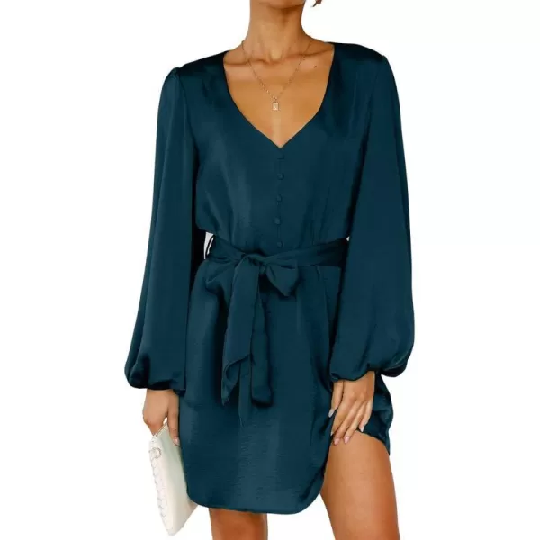 imageBTFBM 2023 Womens Long Puff Sleeve Satin Dress Casual V Neck Belted Short Spring Summer Party Cocktail Mini DressesSolid Dark Blue