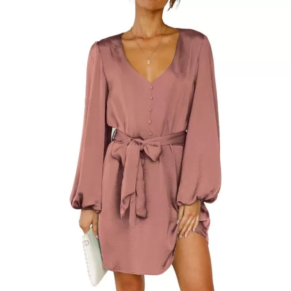 imageBTFBM 2023 Womens Long Puff Sleeve Satin Dress Casual V Neck Belted Short Spring Summer Party Cocktail Mini DressesSolid Dusty Pink
