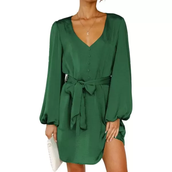 imageBTFBM 2023 Womens Long Puff Sleeve Satin Dress Casual V Neck Belted Short Spring Summer Party Cocktail Mini DressesSolid Green
