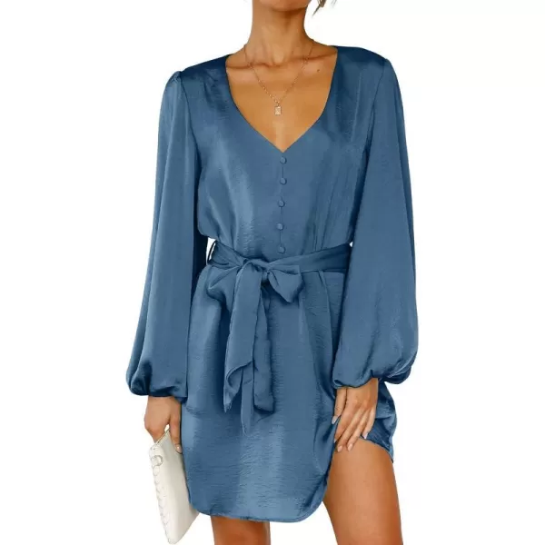 imageBTFBM 2023 Womens Long Puff Sleeve Satin Dress Casual V Neck Belted Short Spring Summer Party Cocktail Mini DressesSolid Grey Blue