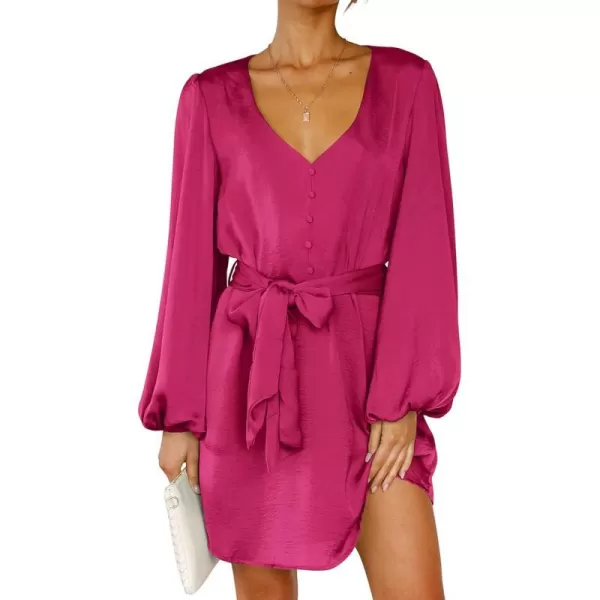 imageBTFBM 2023 Womens Long Puff Sleeve Satin Dress Casual V Neck Belted Short Spring Summer Party Cocktail Mini DressesSolid Rose Red