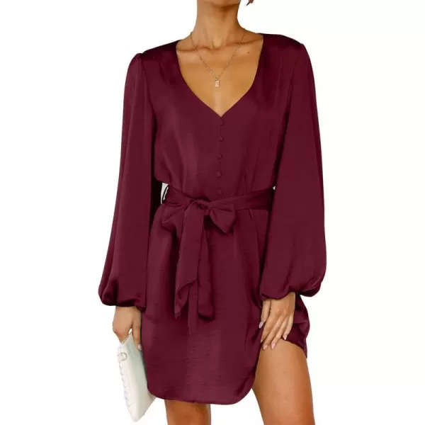 imageBTFBM 2023 Womens Long Puff Sleeve Satin Dress Casual V Neck Belted Short Spring Summer Party Cocktail Mini DressesSolid Wine Red