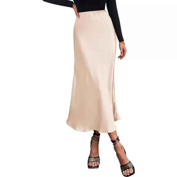 imageBTFBM 2023 Womens Long Satin Summer Fall Skirt Silk Elegant High Waist Cocktail Party Wedding Flared ALine Midi SkirtsSolid Beige
