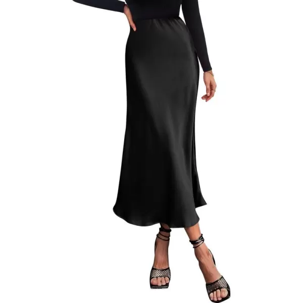 imageBTFBM 2023 Womens Long Satin Summer Fall Skirt Silk Elegant High Waist Cocktail Party Wedding Flared ALine Midi SkirtsSolid Black