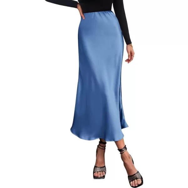 imageBTFBM 2023 Womens Long Satin Summer Fall Skirt Silk Elegant High Waist Cocktail Party Wedding Flared ALine Midi SkirtsSolid Blue