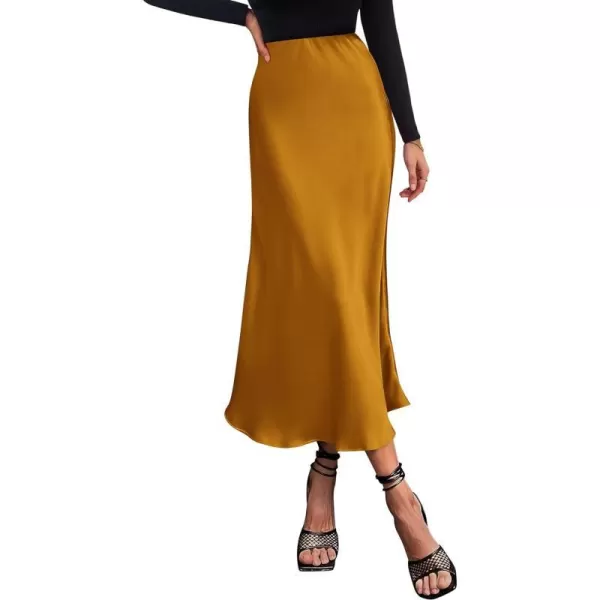 imageBTFBM 2023 Womens Long Satin Summer Fall Skirt Silk Elegant High Waist Cocktail Party Wedding Flared ALine Midi SkirtsSolid Brown Yellow