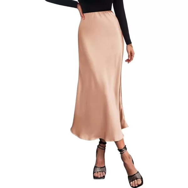 imageBTFBM 2023 Womens Long Satin Summer Fall Skirt Silk Elegant High Waist Cocktail Party Wedding Flared ALine Midi SkirtsSolid Champagne