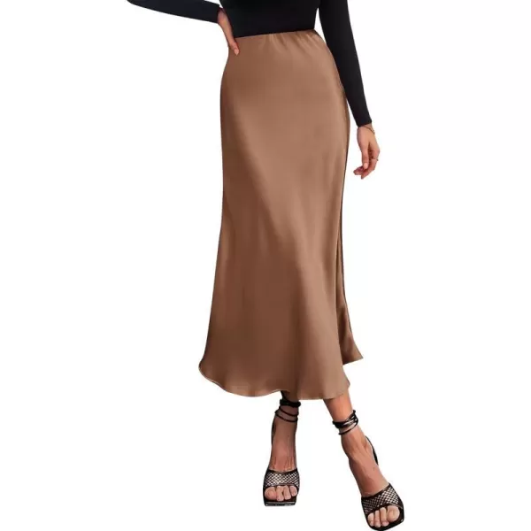 imageBTFBM 2023 Womens Long Satin Summer Fall Skirt Silk Elegant High Waist Cocktail Party Wedding Flared ALine Midi SkirtsSolid Coffee