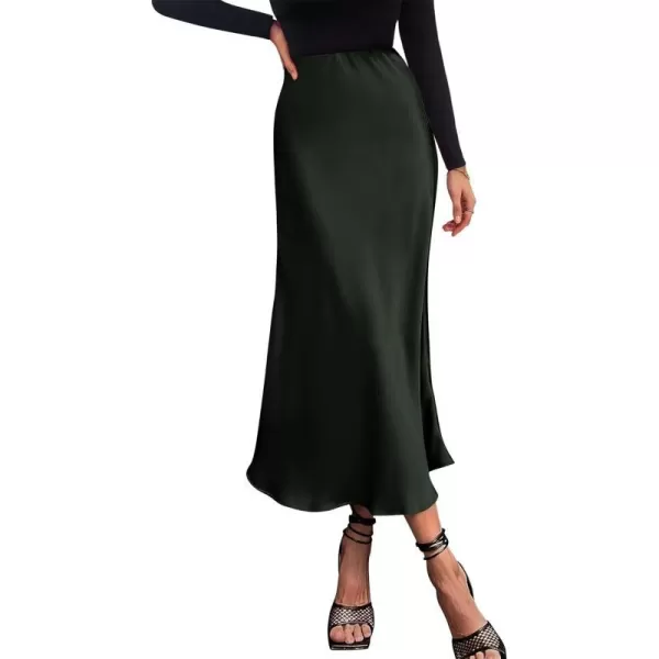 imageBTFBM 2023 Womens Long Satin Summer Fall Skirt Silk Elegant High Waist Cocktail Party Wedding Flared ALine Midi SkirtsSolid Dark Army Green