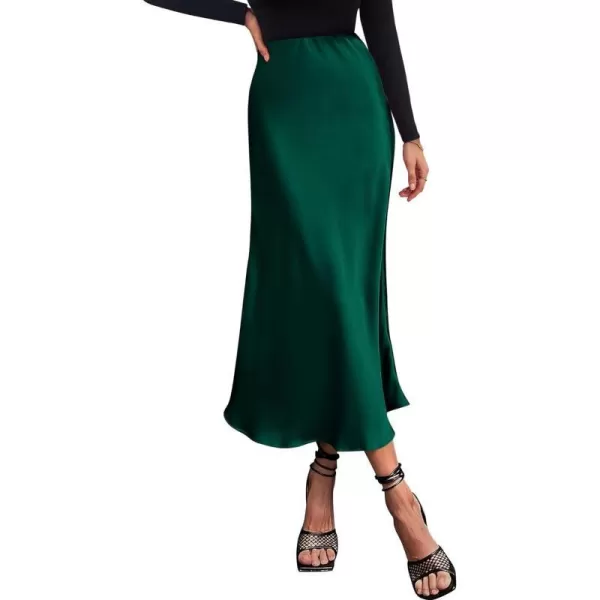 imageBTFBM 2023 Womens Long Satin Summer Fall Skirt Silk Elegant High Waist Cocktail Party Wedding Flared ALine Midi SkirtsSolid Dark Green