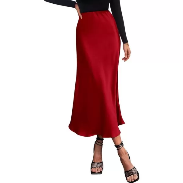 imageBTFBM 2023 Womens Long Satin Summer Fall Skirt Silk Elegant High Waist Cocktail Party Wedding Flared ALine Midi SkirtsSolid Dark Red