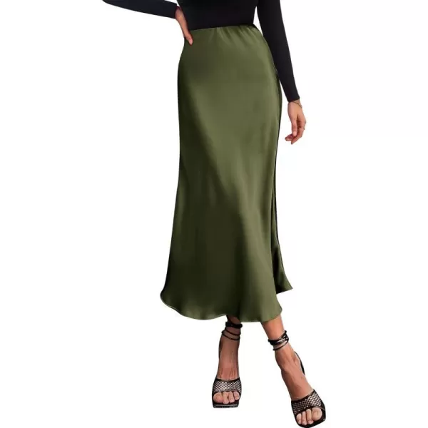 imageBTFBM 2023 Womens Long Satin Summer Fall Skirt Silk Elegant High Waist Cocktail Party Wedding Flared ALine Midi SkirtsSolid Light Army Green