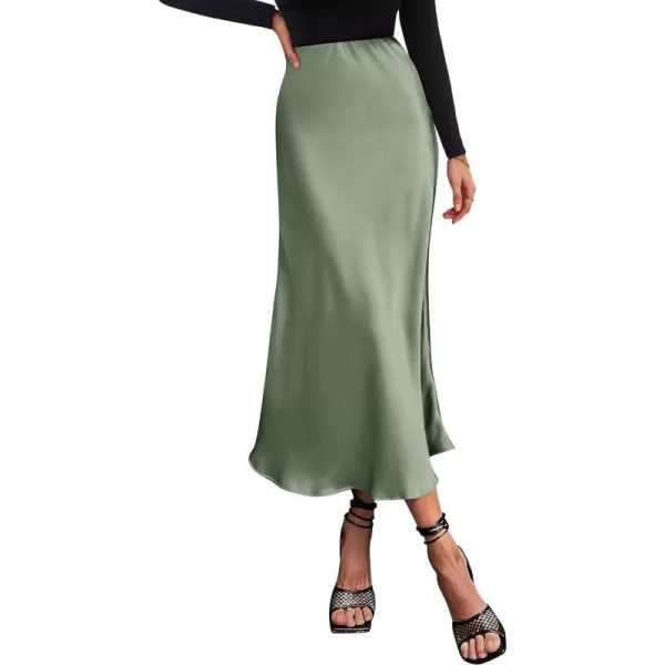 imageBTFBM 2023 Womens Long Satin Summer Fall Skirt Silk Elegant High Waist Cocktail Party Wedding Flared ALine Midi SkirtsSolid Light Green