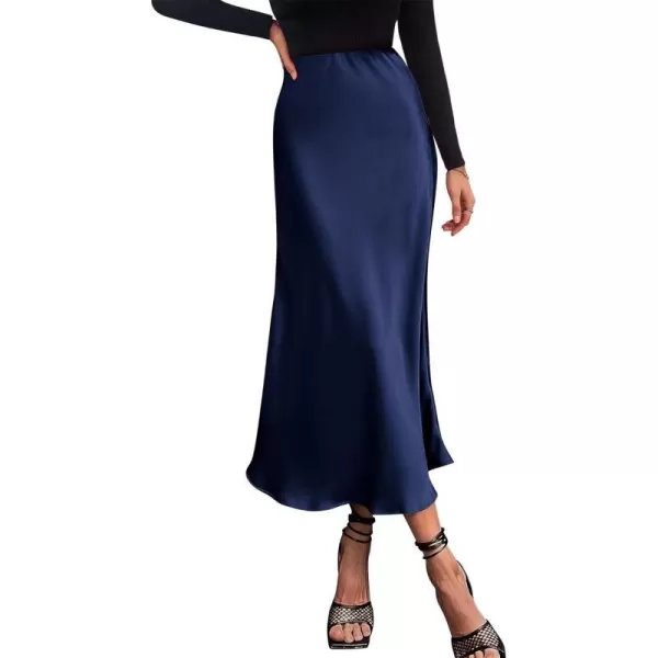 imageBTFBM 2023 Womens Long Satin Summer Fall Skirt Silk Elegant High Waist Cocktail Party Wedding Flared ALine Midi SkirtsSolid Navy