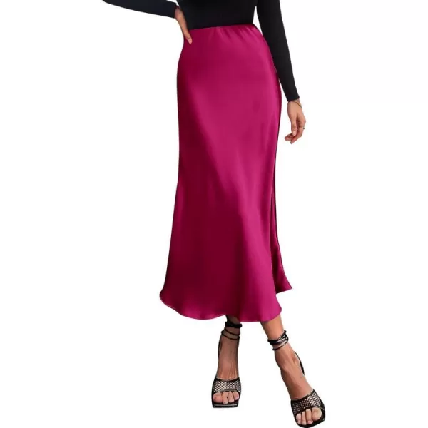 imageBTFBM 2023 Womens Long Satin Summer Fall Skirt Silk Elegant High Waist Cocktail Party Wedding Flared ALine Midi SkirtsSolid Rose Red