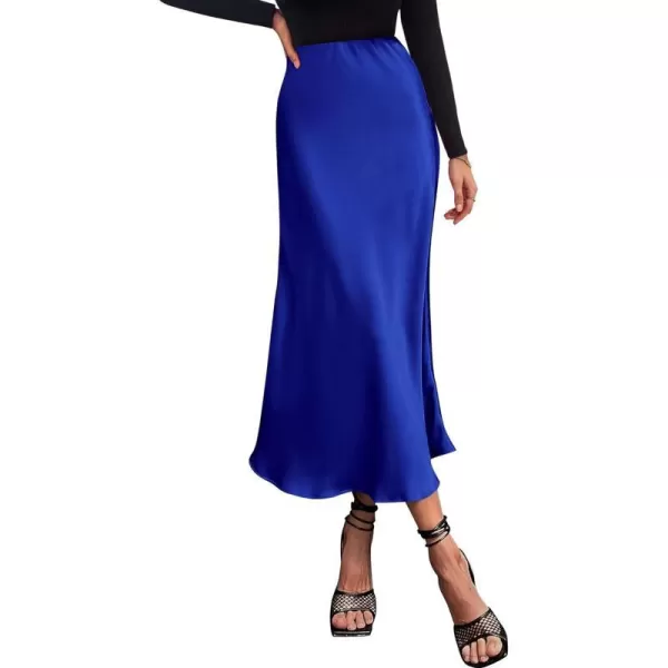 imageBTFBM 2023 Womens Long Satin Summer Fall Skirt Silk Elegant High Waist Cocktail Party Wedding Flared ALine Midi SkirtsSolid Royal Blue