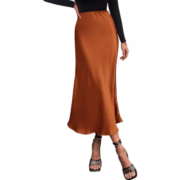 imageBTFBM 2023 Womens Long Satin Summer Fall Skirt Silk Elegant High Waist Cocktail Party Wedding Flared ALine Midi SkirtsSolid Rust Red
